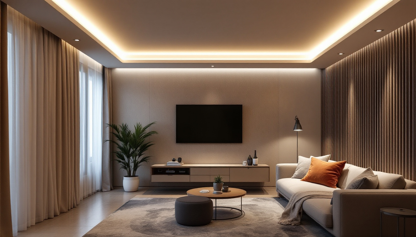 A photograph of a stylish living room featuring modern smart ceiling lights that illuminate the space