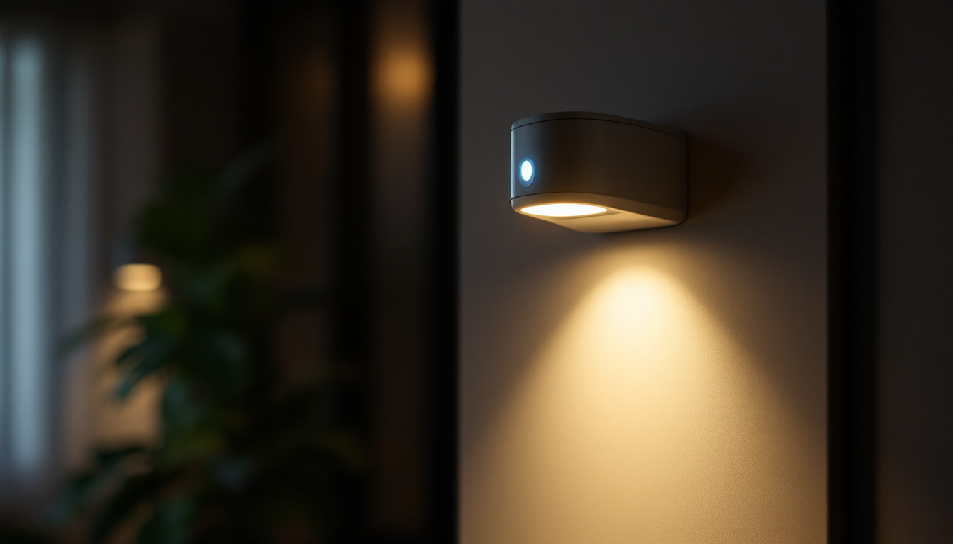 A photograph of a sleek motion sensor lamp in a dimly lit room