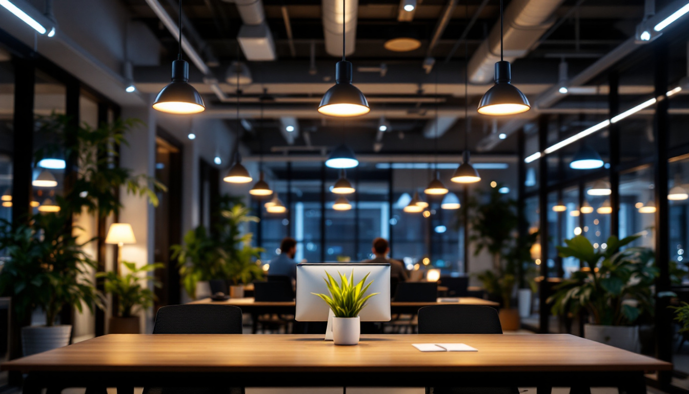 A photograph of a modern office space illuminated by led workplace lights