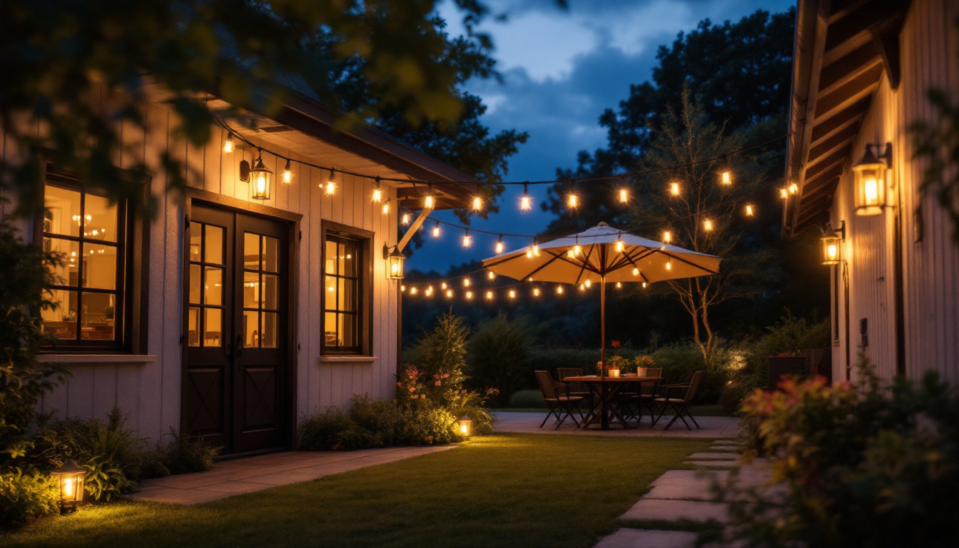 A photograph of a beautifully illuminated outdoor space featuring stylish barn lights