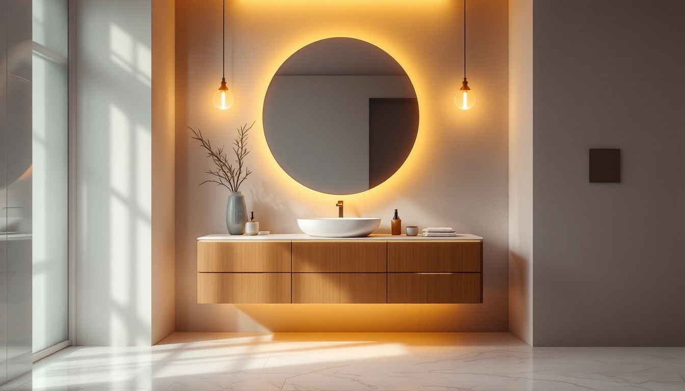 A photograph of a beautifully designed bathroom vanity illuminated by stylish lighting fixtures