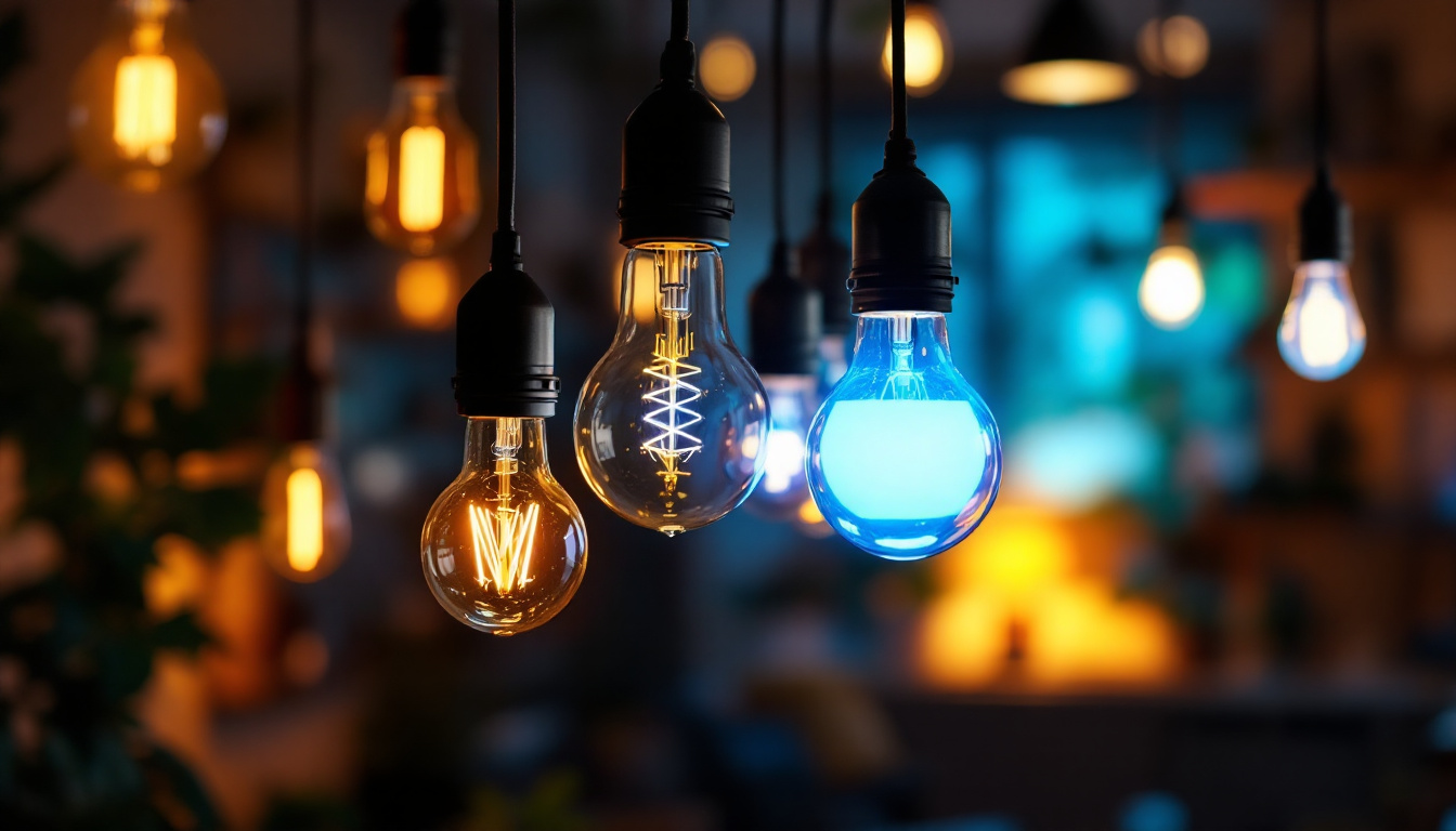 A photograph of a beautifully lit room showcasing a variety of light bulbs in use