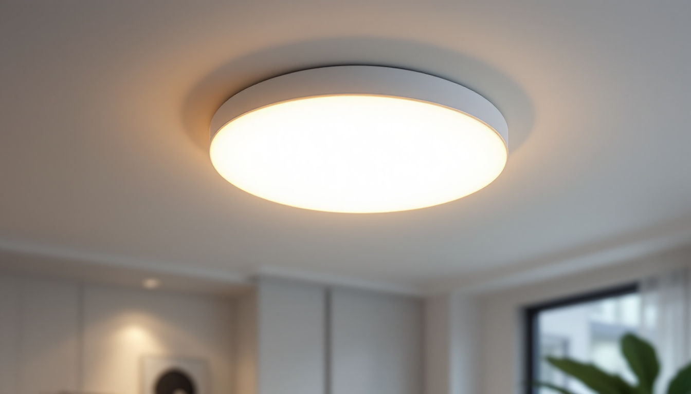 A photograph of a stylish flush mount led ceiling light fixture installed in a modern living space