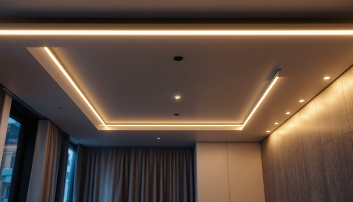 A photograph of a modern ceiling featuring sleek led lighting fixtures that illuminate the space