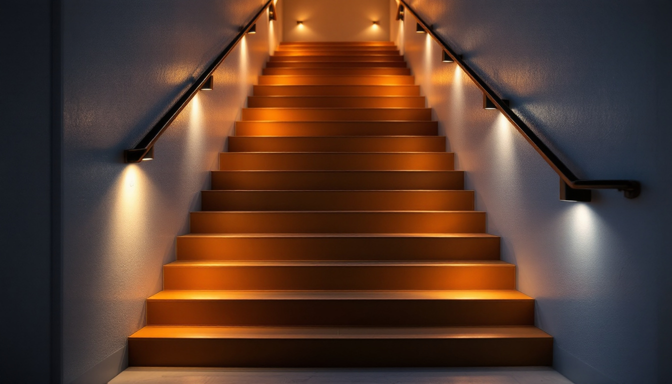 A photograph of a beautifully illuminated staircase featuring led spotlights strategically placed to highlight the steps and surrounding areas