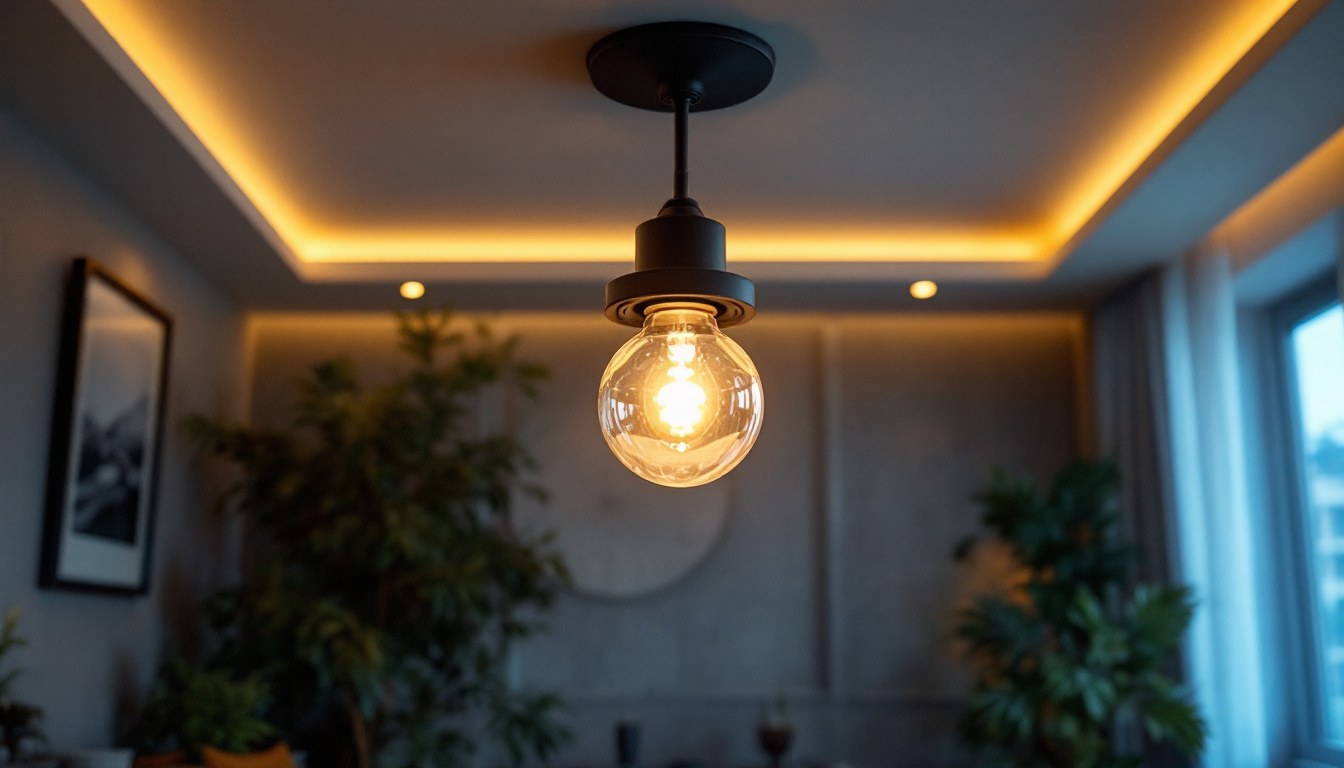 A photograph of a stylish ceiling light fixture in a well-decorated room