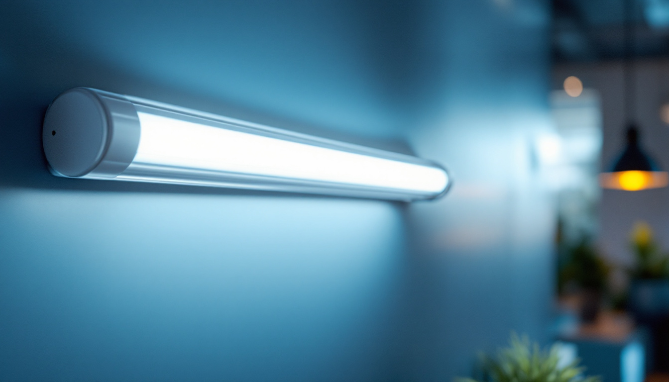 A photograph of a brightly lit fluorescent tube in a modern workspace