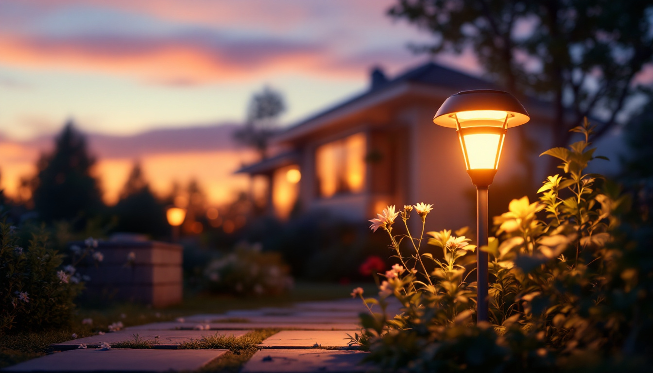 A photograph of a beautifully lit outdoor scene featuring a solar-powered led light illuminating a garden or pathway at dusk
