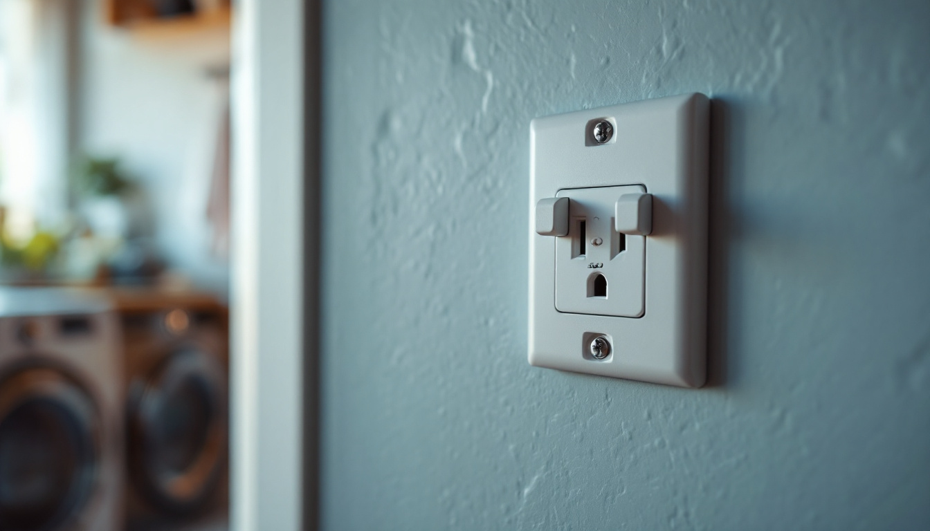 A photograph of a close-up of a dryer power outlet in a well-lit laundry room