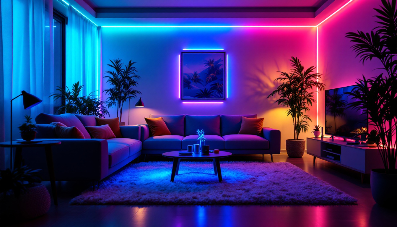A photograph of a beautifully arranged room illuminated by vibrant led strip lights