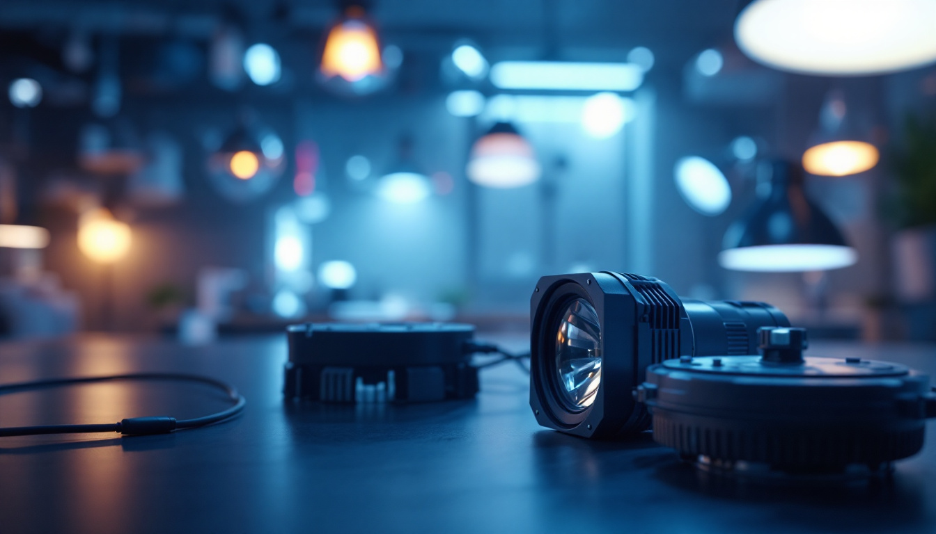A photograph of a well-lit scene showcasing various types of lighting fixtures