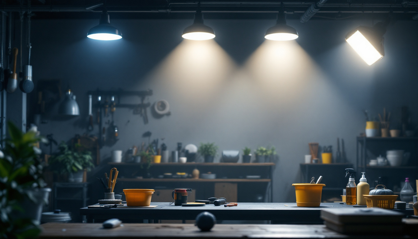 A photograph of a well-lit workshop or garage showcasing four led shop lights in action