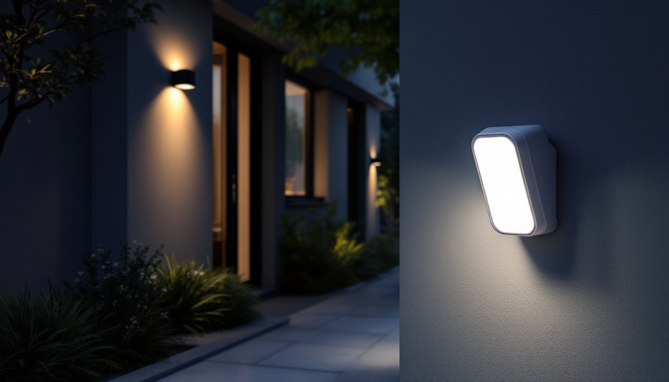 A photograph of a well-lit exterior space showcasing an exterior motion sensor in action