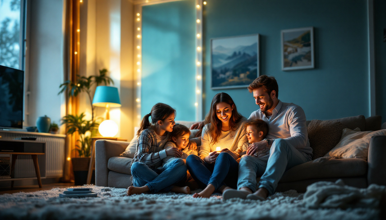 A photograph of a cozy living room illuminated by warm