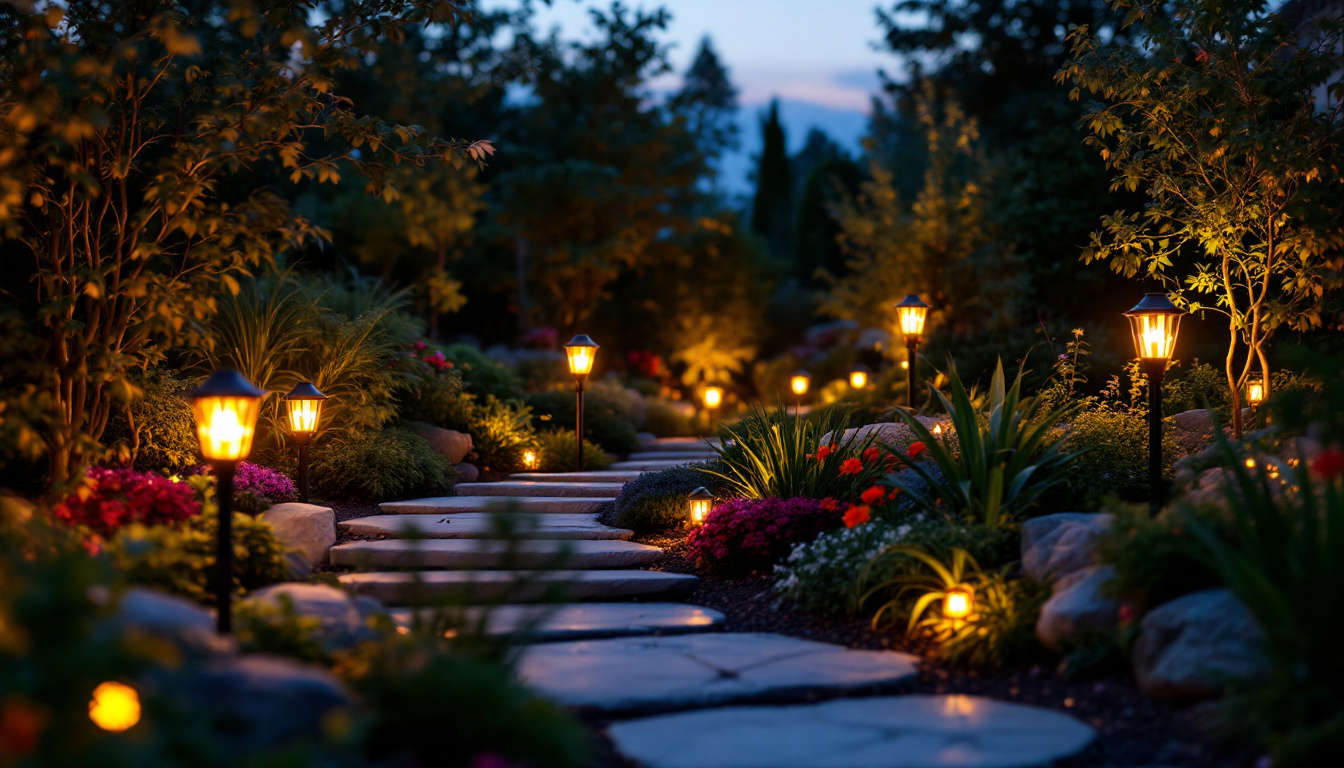A photograph of a beautifully landscaped yard illuminated by a variety of decorative solar lights at dusk