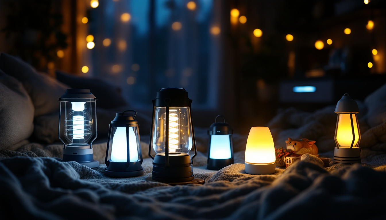A photograph of a cozy home setting featuring various types of emergency lamps