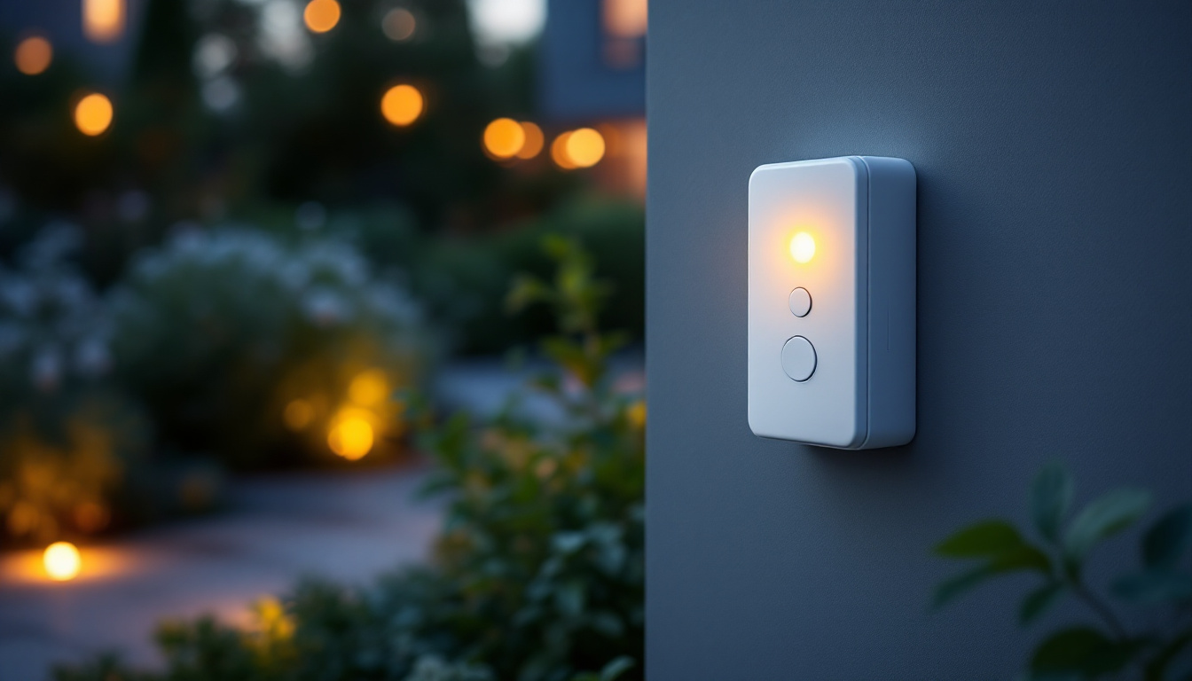 A photograph of capture a photograph of an outdoor light timer switch installed in a beautifully landscaped garden at dusk