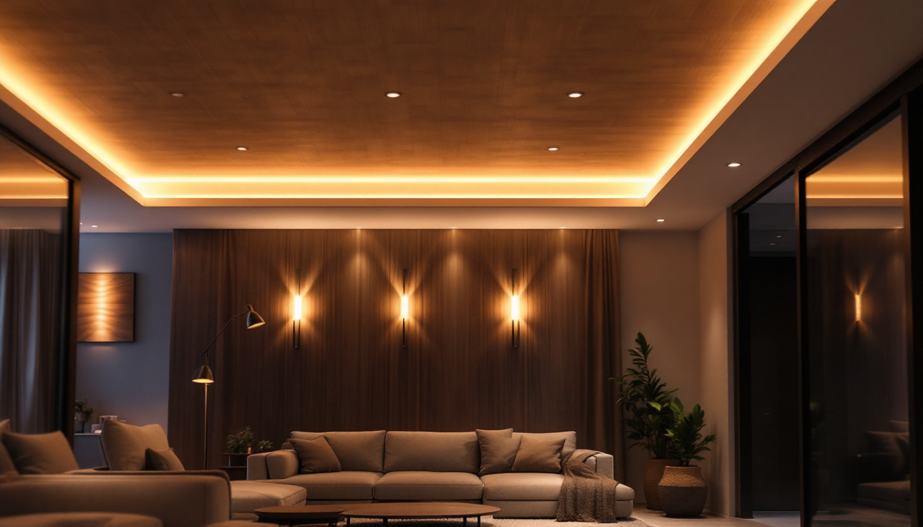 A photograph of a well-lit room featuring stylish recessed ceiling lights