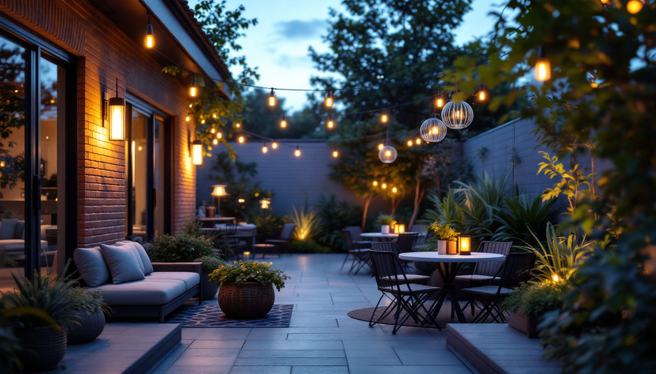 A photograph of a beautifully lit outdoor patio scene at dusk