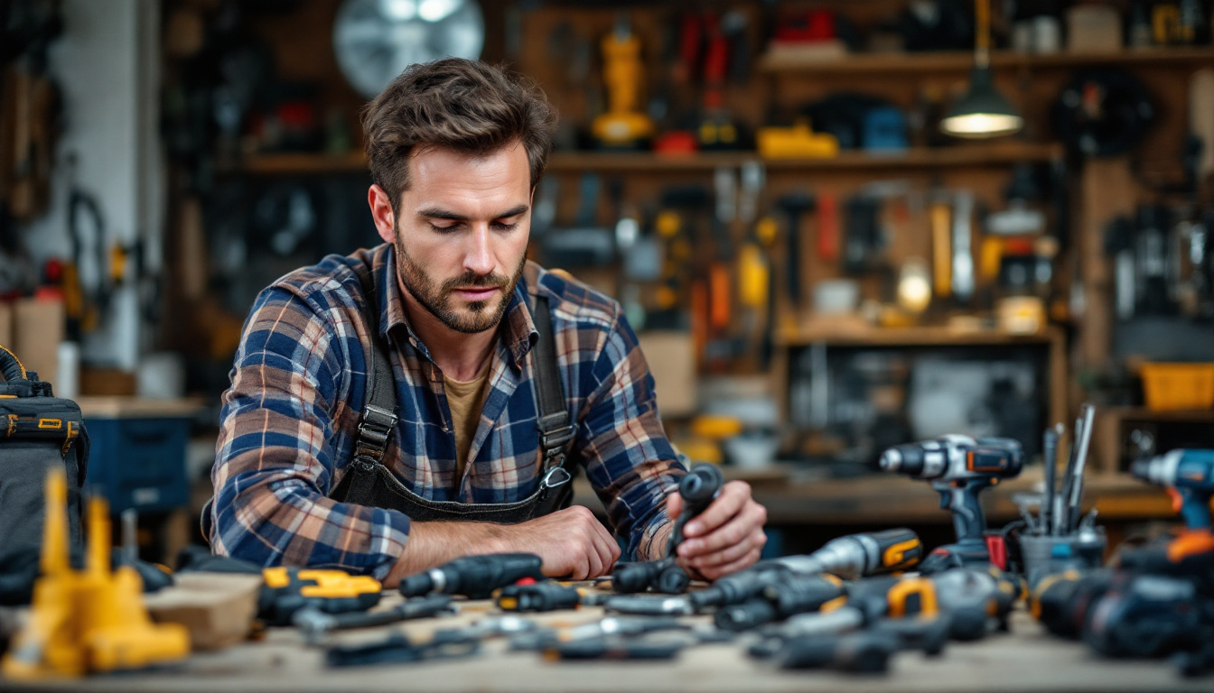 A photograph of a skilled tradesperson thoughtfully examining a selection of electric tools
