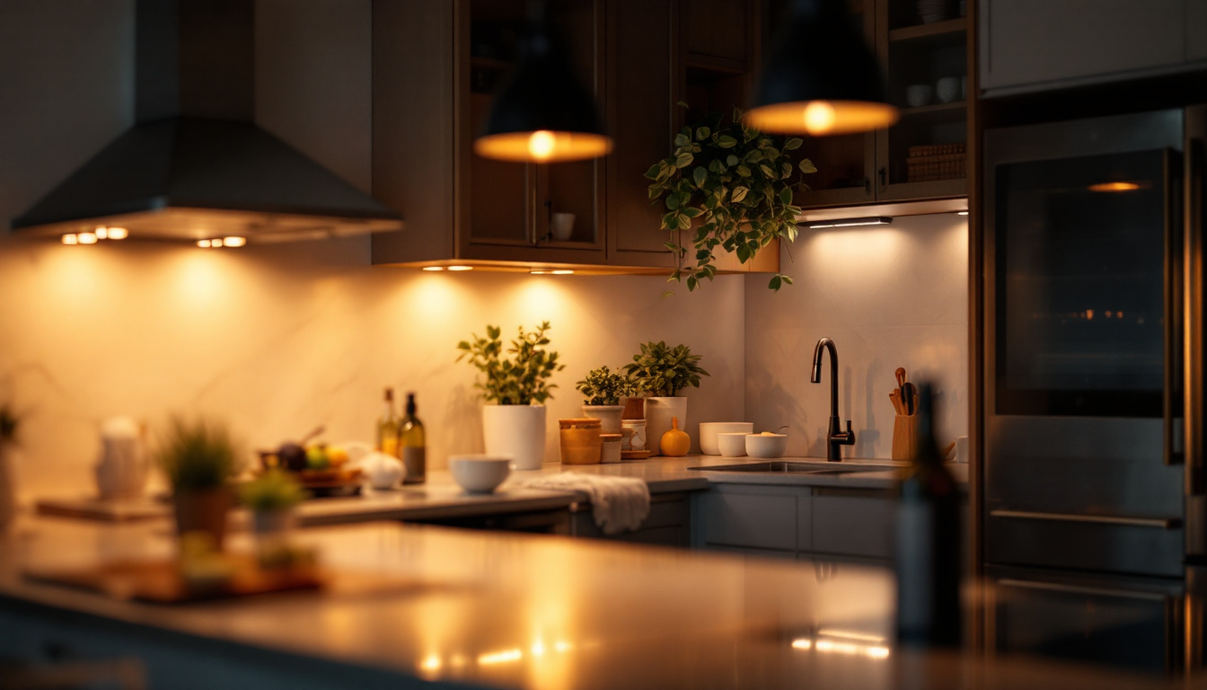 A photograph of a beautifully illuminated kitchen featuring various styles of undercounter lighting
