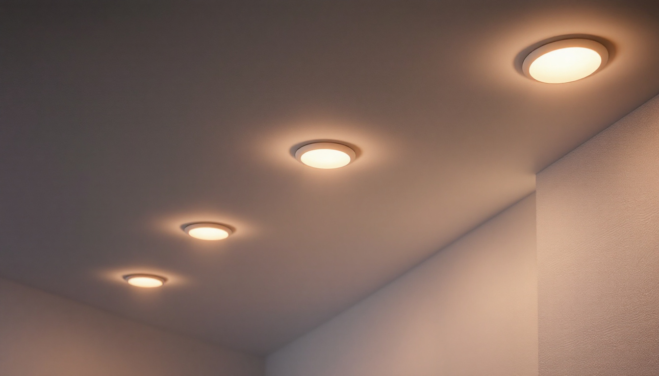 A photograph of a beautifully designed room featuring several recessed can lights