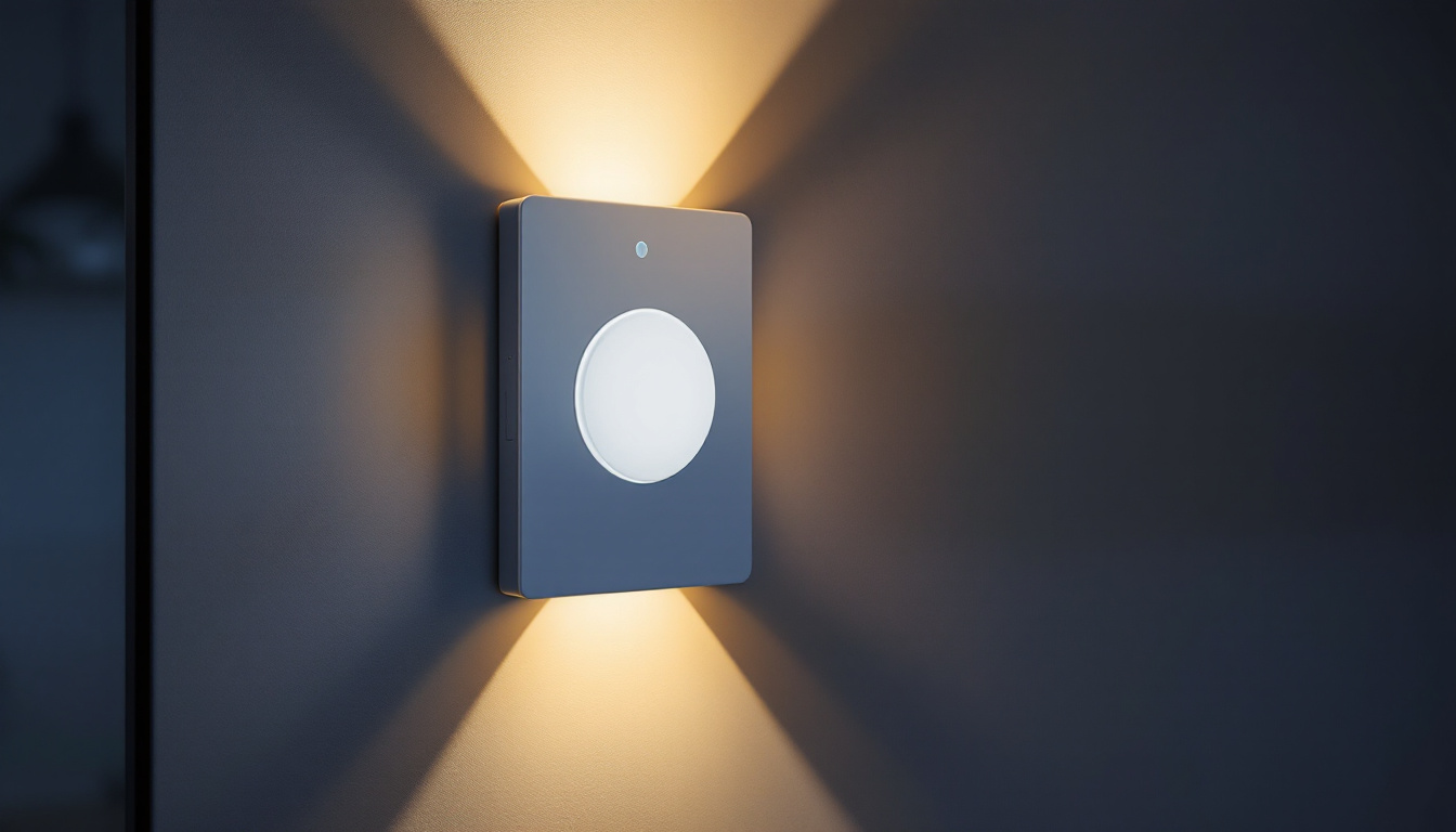 A photograph of a modern motion sensor light switch installed on a stylish wall