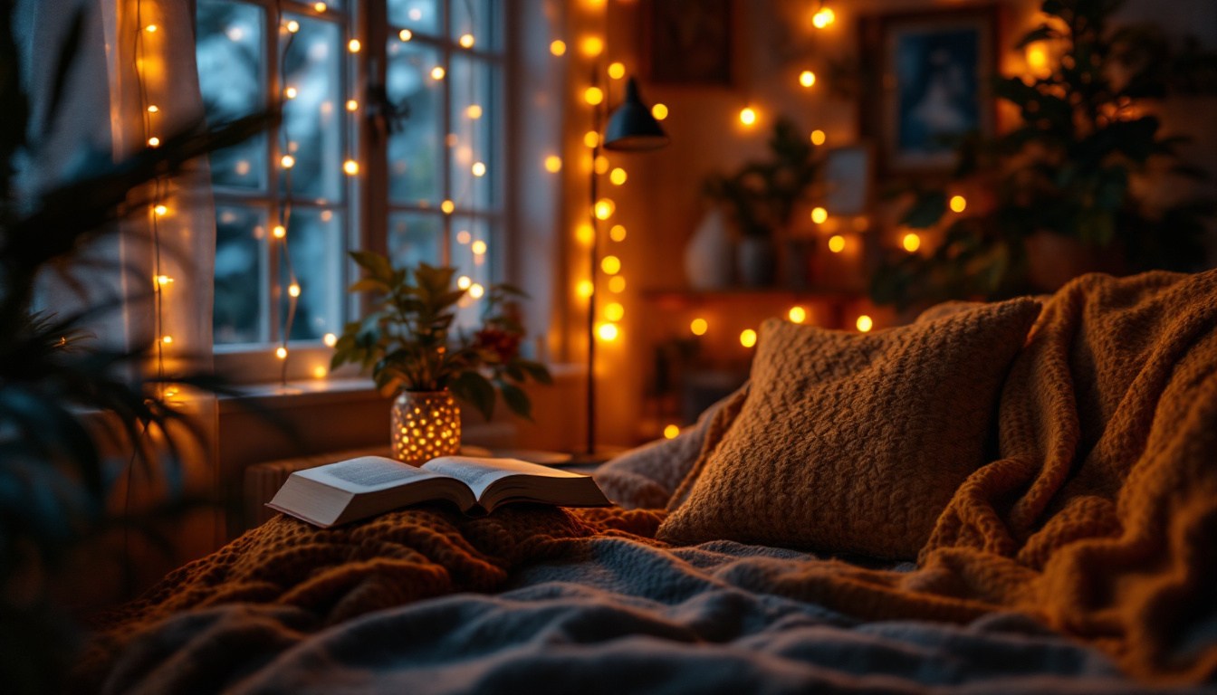 A photograph of a cozy indoor scene illuminated by warm amber led lights