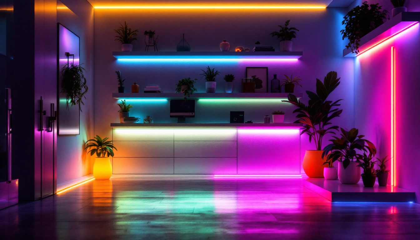 A photograph of capture a photograph of a beautifully illuminated space featuring vibrant led tape lighting