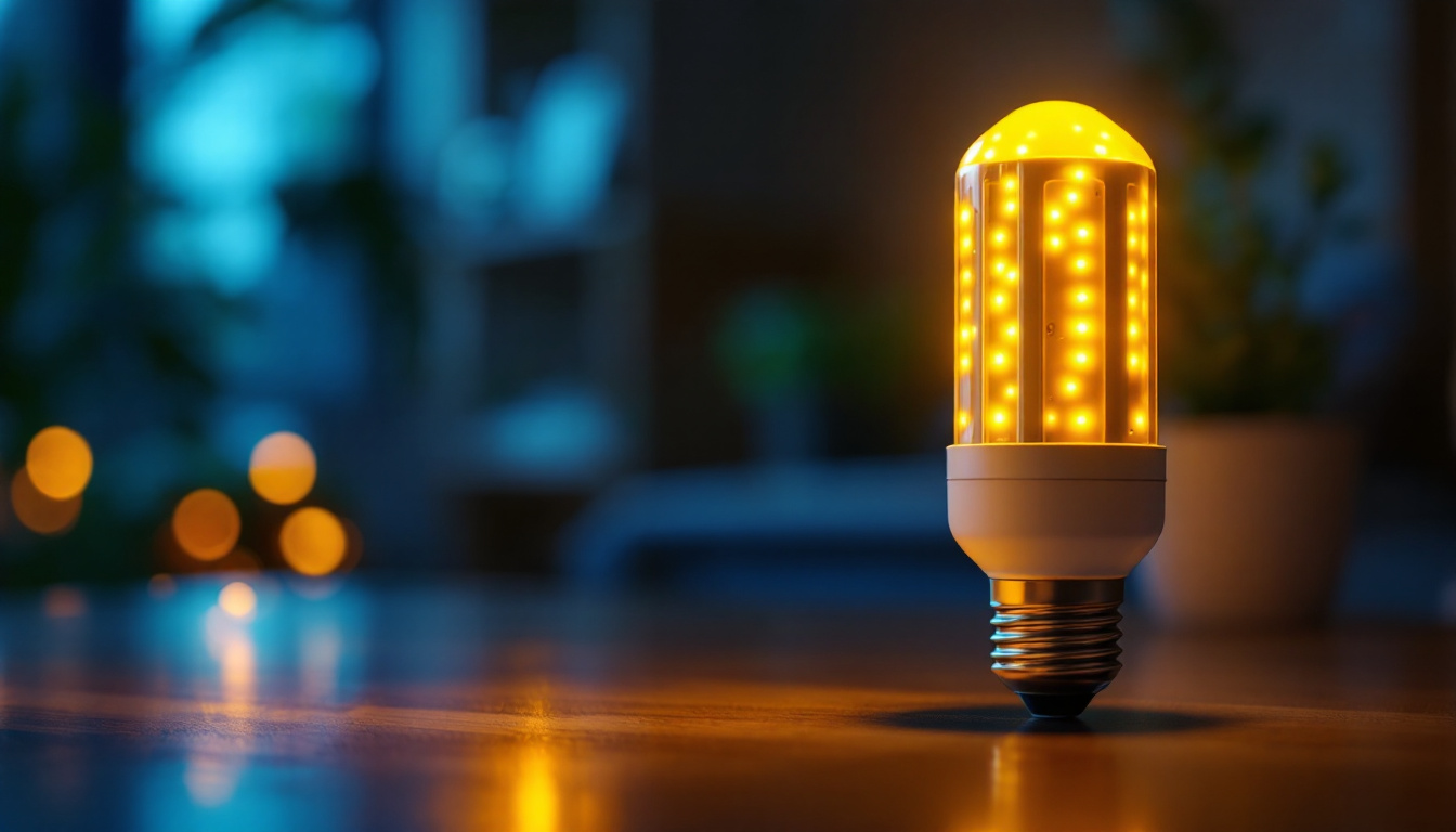 A photograph of a vibrant led corn bulb illuminated in a cozy indoor setting
