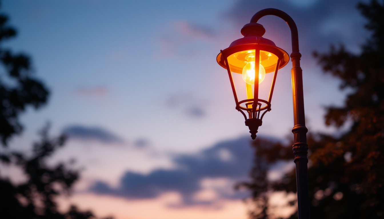 A photograph of a beautifully illuminated lamp post at dusk