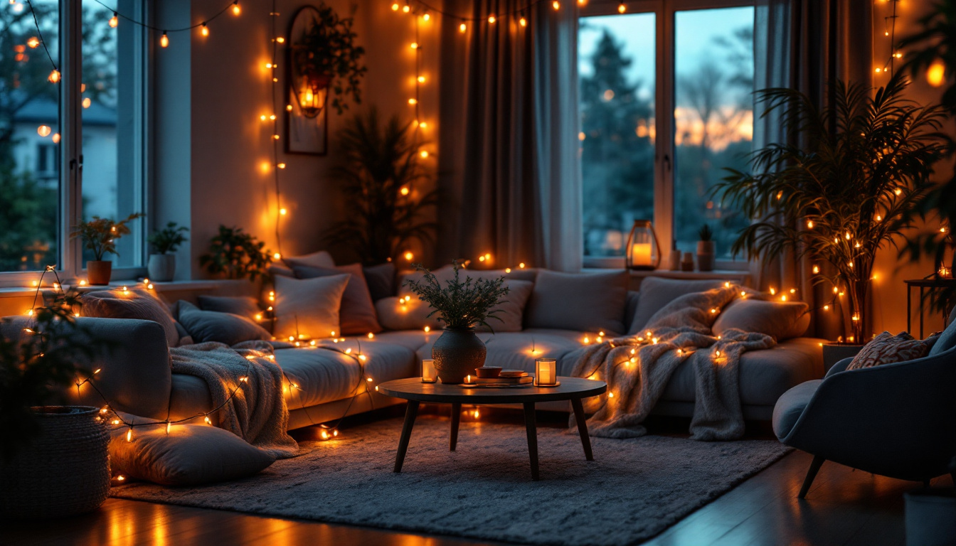 A photograph of capture a photograph of a cozy indoor space illuminated by warm amber led lights