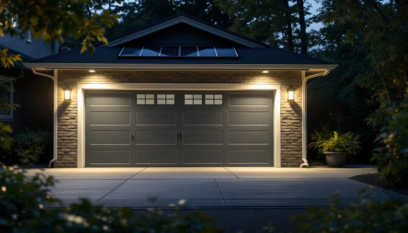A photograph of a well-lit garage showcasing solar garage lights in action
