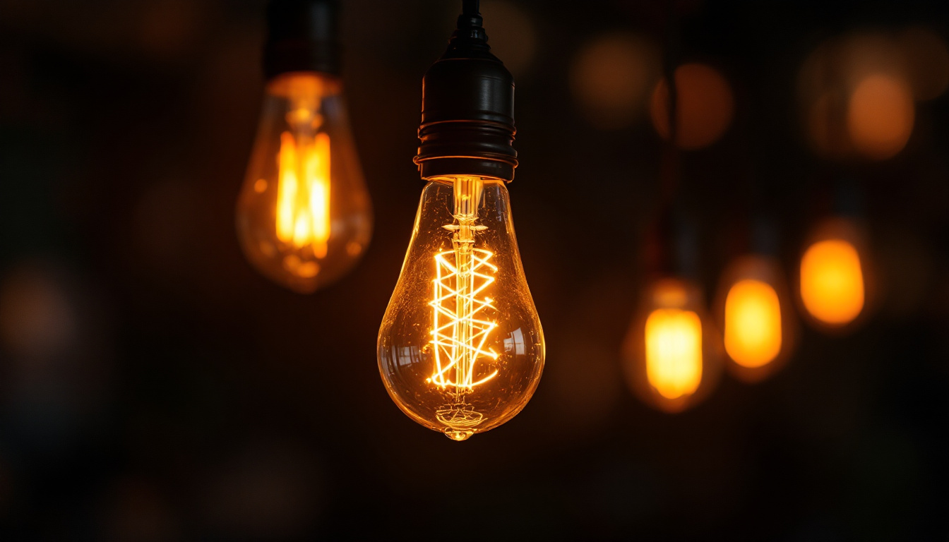 A photograph of a vintage-style light bulb glowing warmly in a dimly lit room