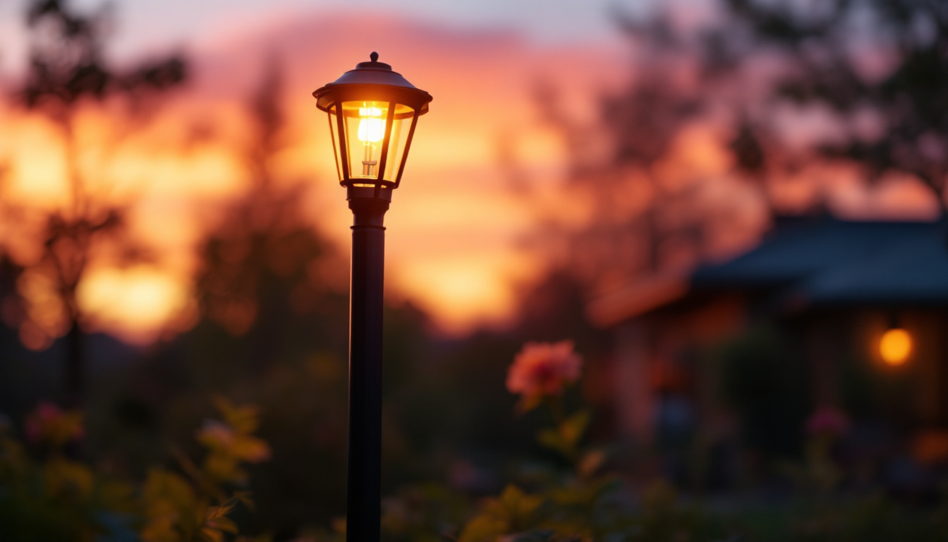 A photograph of a beautifully illuminated patio light pole at twilight