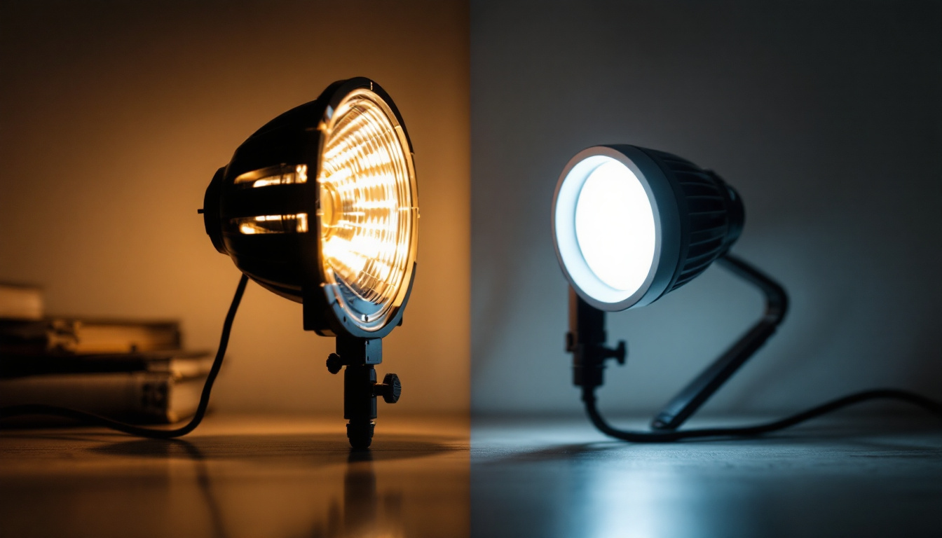 A photograph of a side-by-side comparison of a hid lamp and an led lamp