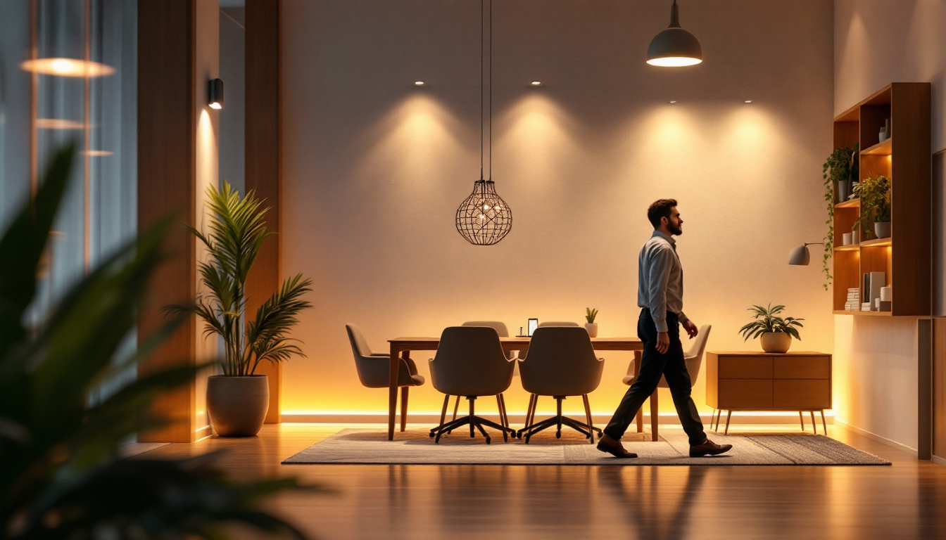 A photograph of a stylishly designed indoor space featuring motion sensors in action
