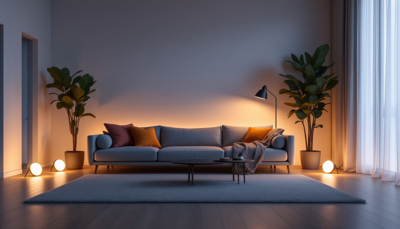 A photograph of a beautifully designed living space featuring strategically placed floor lights that enhance the ambiance