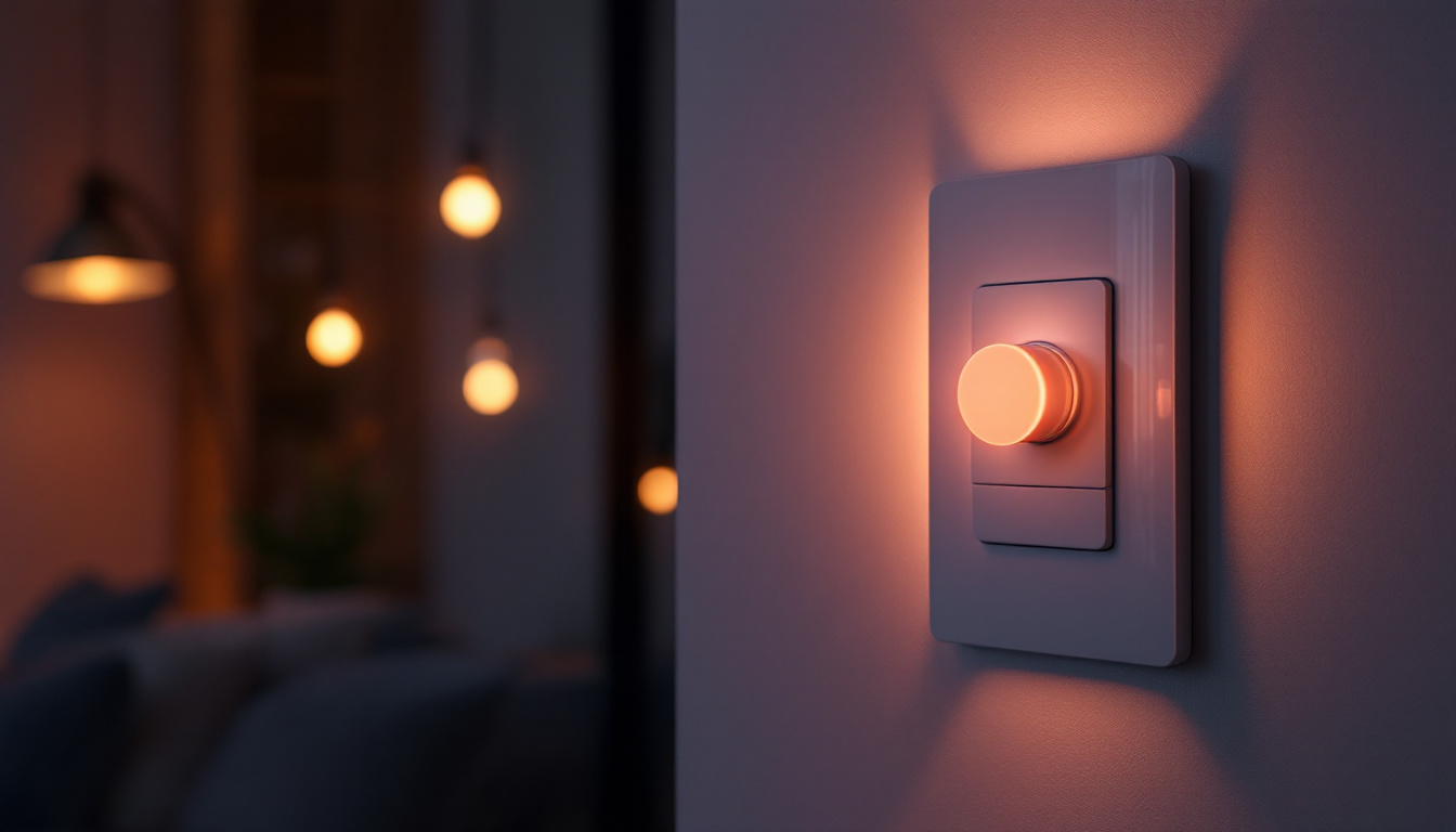 A photograph of a modern light switch with an integrated motion sensor in a stylishly lit room