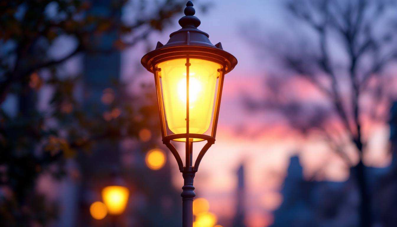 A photograph of a beautifully illuminated lamp pole at dusk