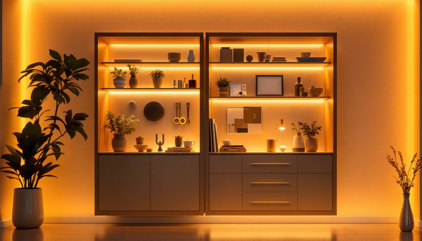 A photograph of a stylish cabinet illuminated by soft led lights