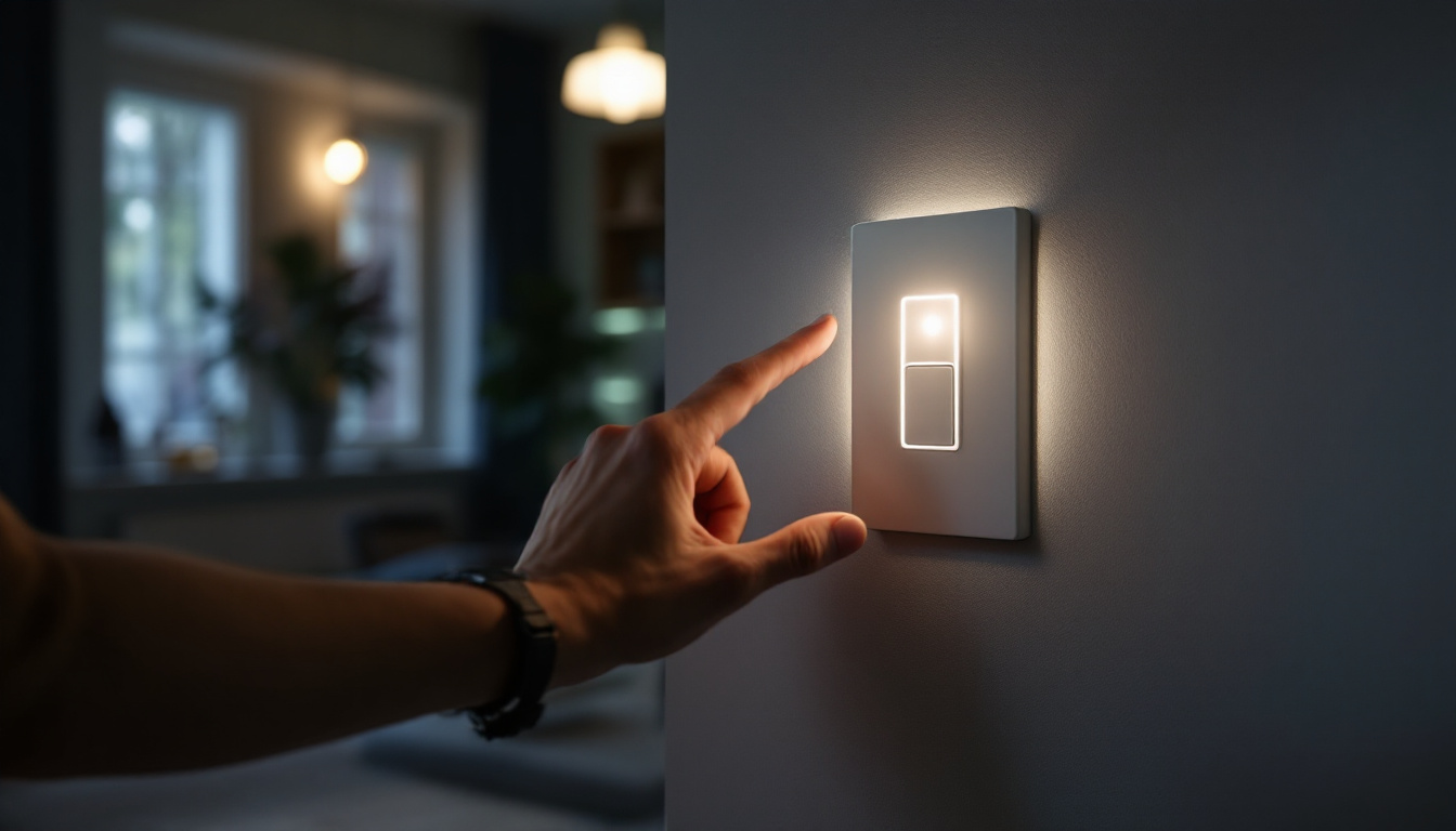 A photograph of a modern movement-sensitive light switch installed in a stylish interior setting