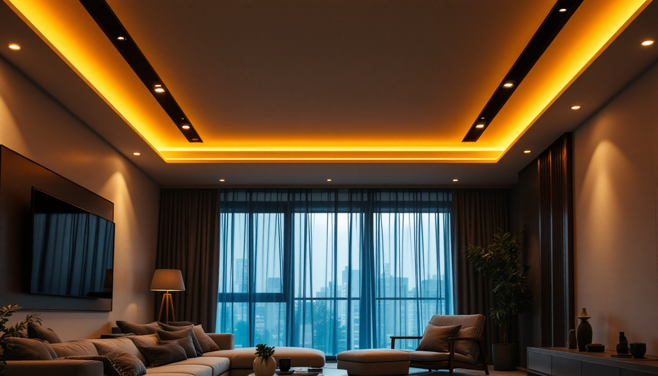 A photograph of a modern living room featuring a ceiling with stylish recessed lights