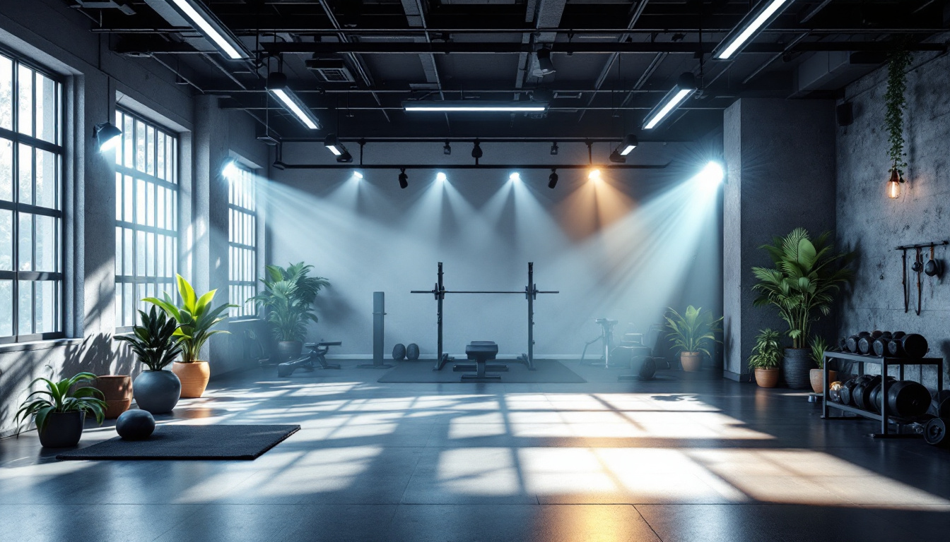 A photograph of a well-lit gym environment showcasing various lighting setups