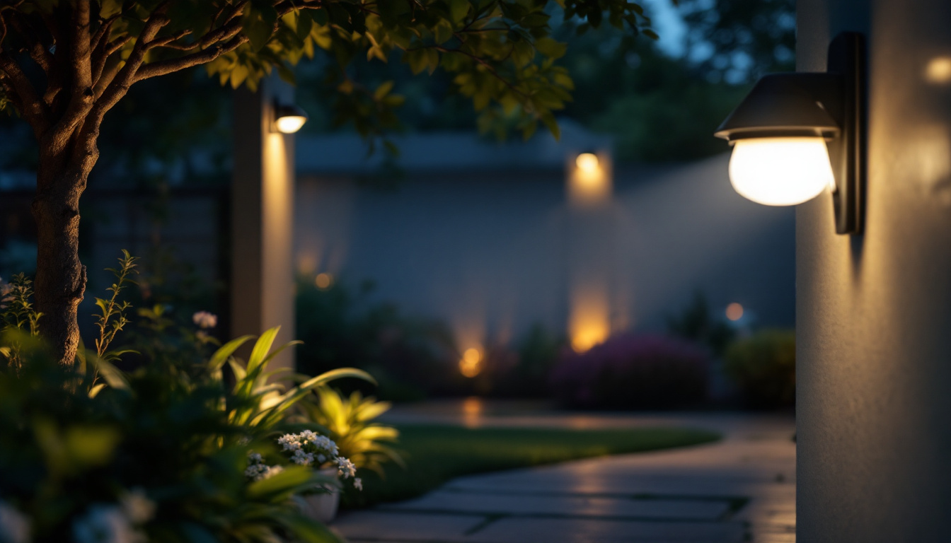 A photograph of a well-lit outdoor setting showcasing various motion-activated lights in use
