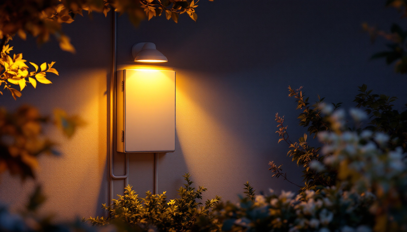 A photograph of a well-installed outside electrical box illuminated by soft