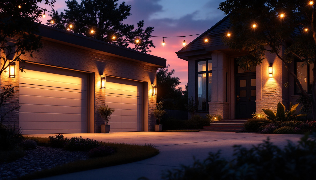 A photograph of a beautifully lit outdoor garage scene at dusk
