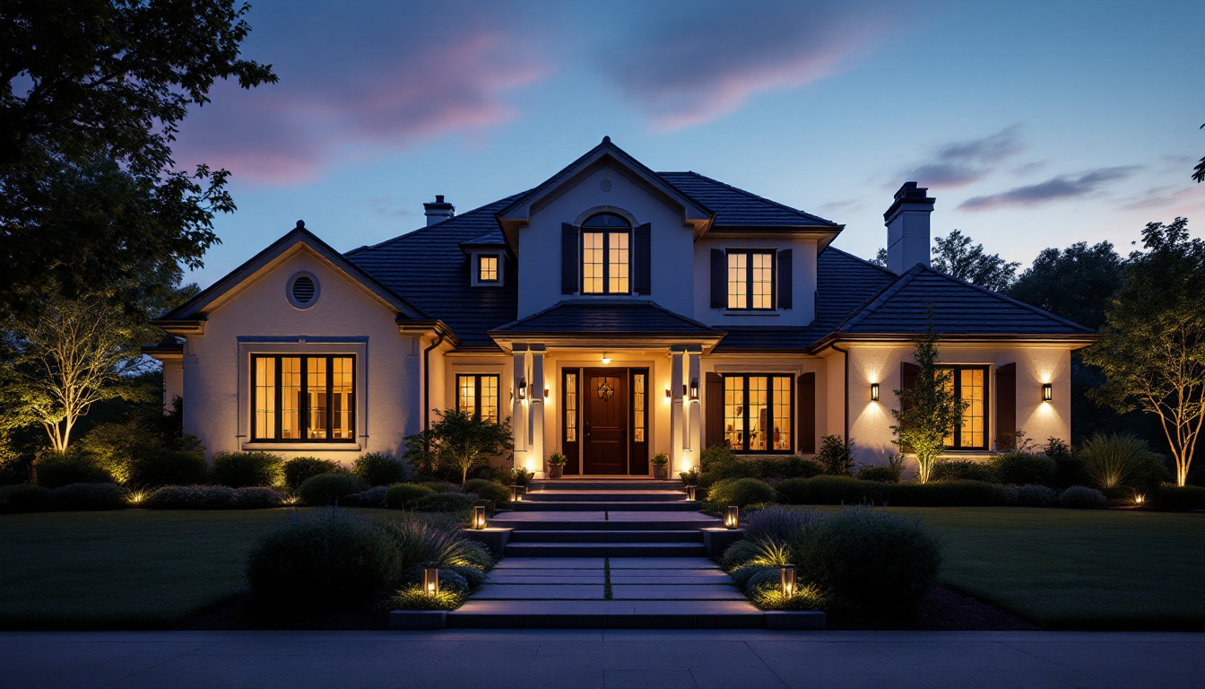 A photograph of a beautifully illuminated exterior of a house at dusk