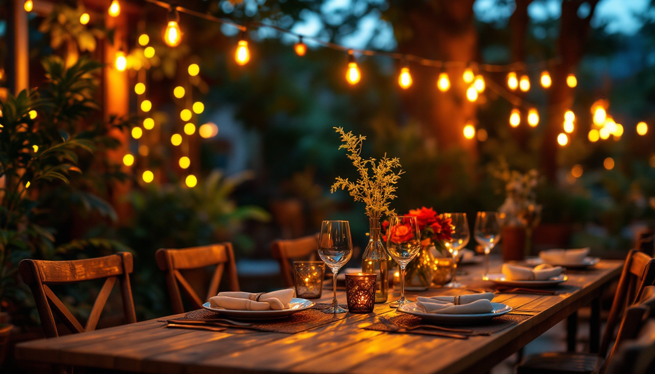 A photograph of a beautifully arranged outdoor setting illuminated by warm