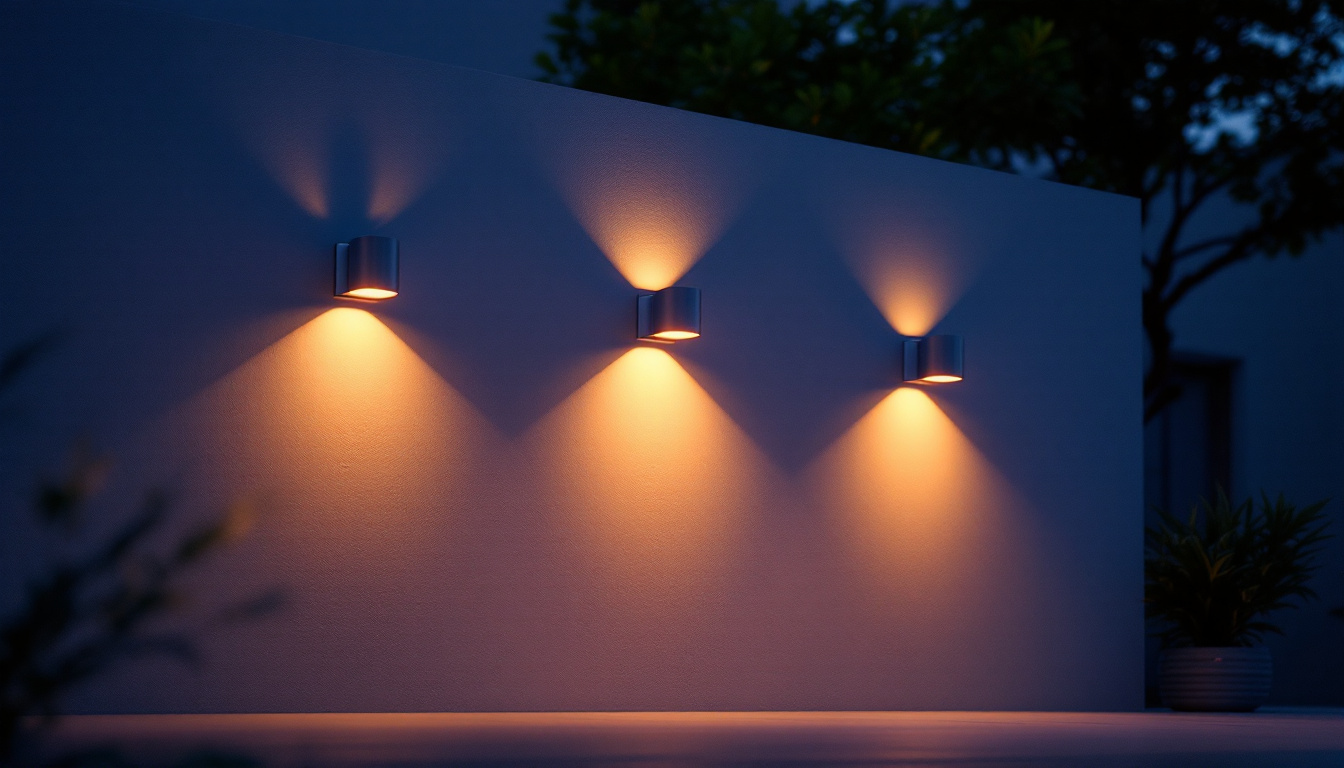 A photograph of a beautifully illuminated exterior wall featuring stylish wall-mounted lights